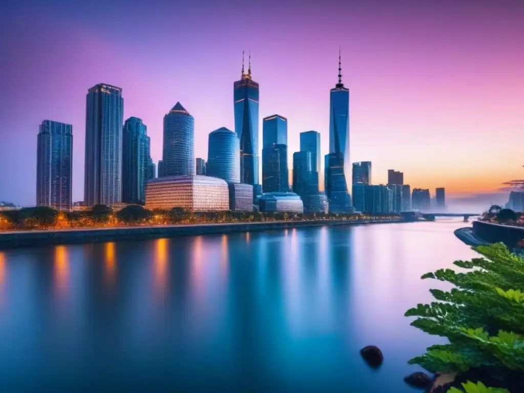 Horizonte urbano iluminado: seguro para inversores Vibrante ciudad al anochecer, reflejos de rascacielos iluminados en río, para inversores inmobiliarios