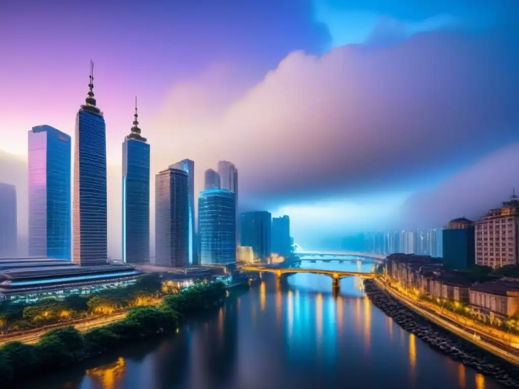 Metrópolis vibrante: skyline urbano en 8k al anochecer Vibrante ciudad al anochecer, reflejos en río y rascacielos iluminados