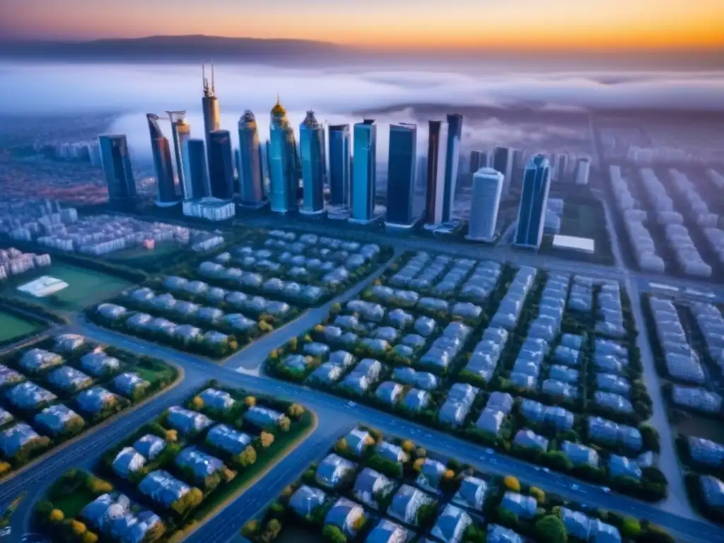 Vista aérea detallada de ciudad regional en crecimiento Vibrante ciudad regional en auge inmobiliario, con rascacielos modernos y espacios verdes bajo la luz dorada del atardecer
