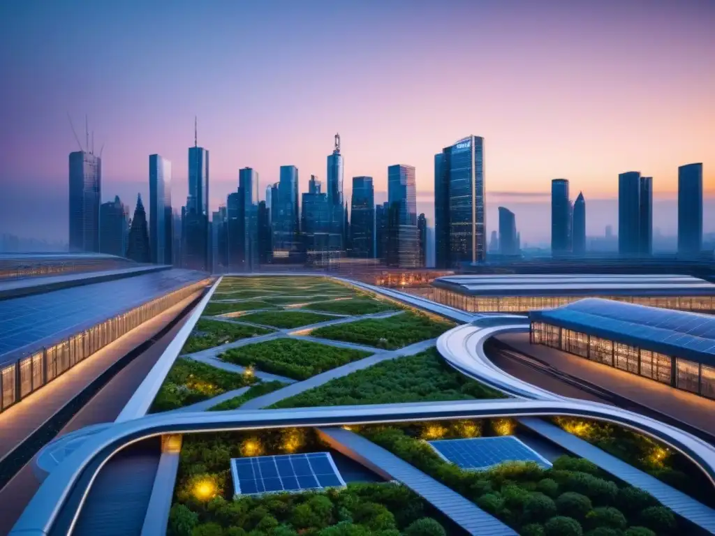 Metrópolis sostenible: arquitectura moderna y ecoamigable Vibrante ciudad sostenible al atardecer con edificios verdes, paneles solares y transporte público eficiente