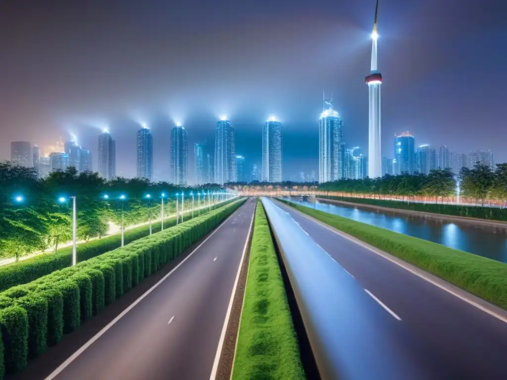 Horizonte sostenible: ciudad moderna con energía renovable y espacios verdes Vibrante ciudad sostenible al atardecer, con rascacielos iluminados y energía renovable
