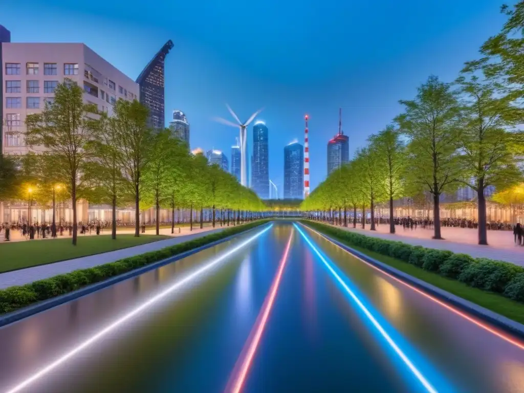 Metrópolis sostenible: luces LED y parques urbanos Vibrante ciudad sostenible al anochecer con rascacielos iluminados y parque urbano