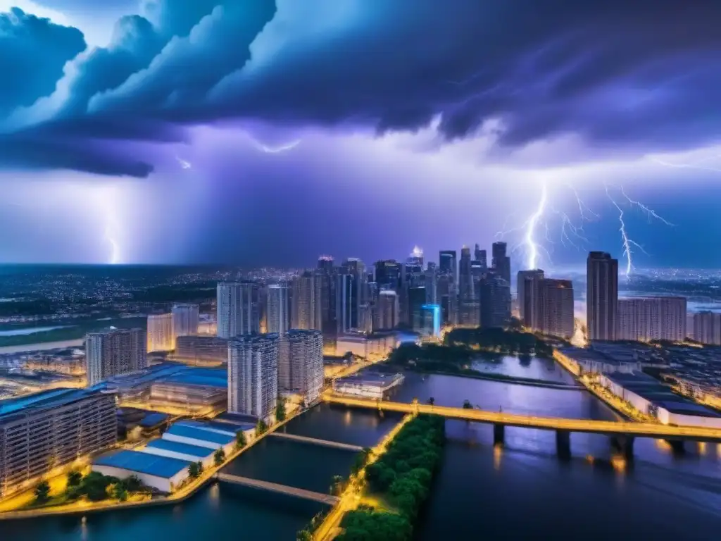 Tormenta urbana: caos y resiliencia en la ciudad Vibrante ciudad bajo tormenta con relámpagos y lluvia intensa