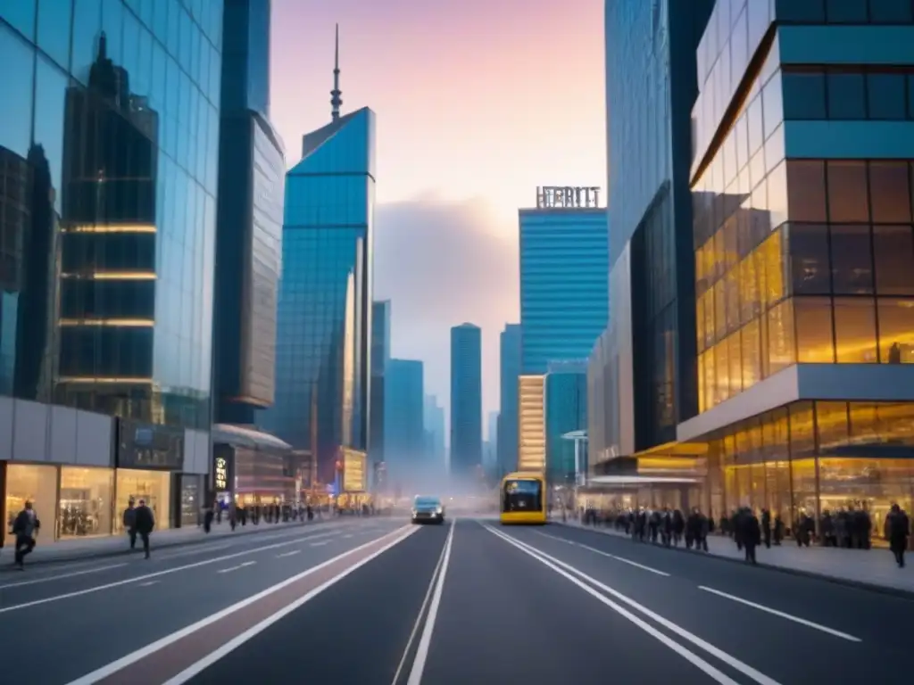 Vibrante ciudad urbana al anochecer con modernos edificios comerciales