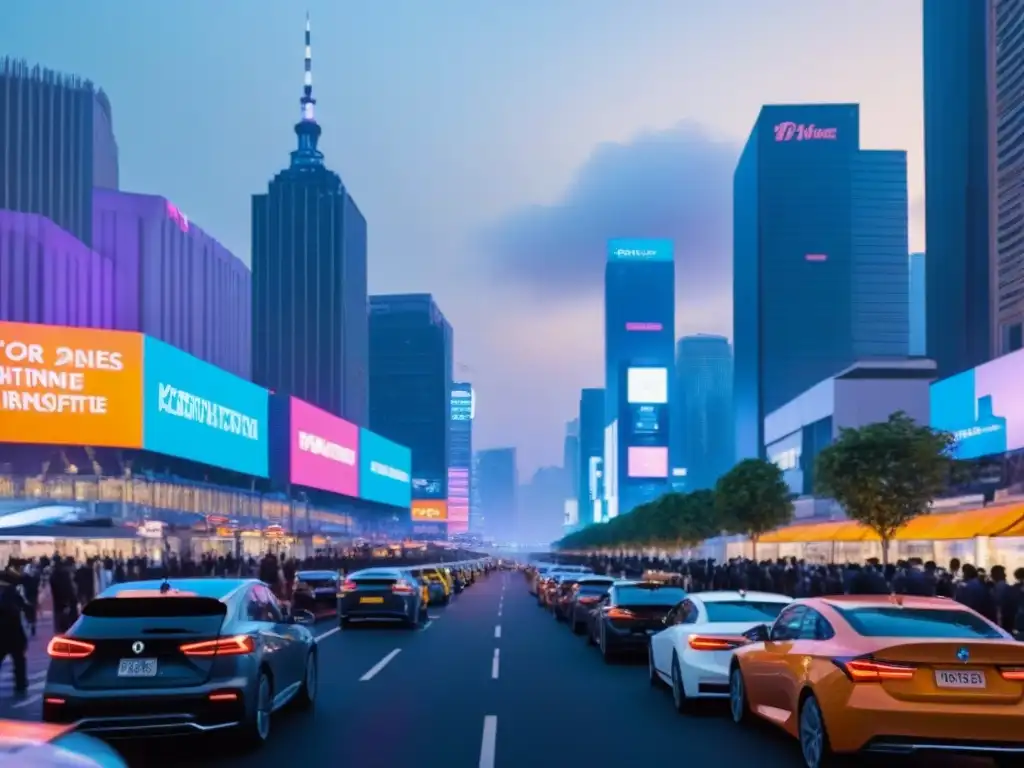 Horizonte urbano vibrante: progreso y oportunidad inmobiliaria Vibrante ciudad urbana al anochecer, con rascacielos iluminados y vehículos eléctricos