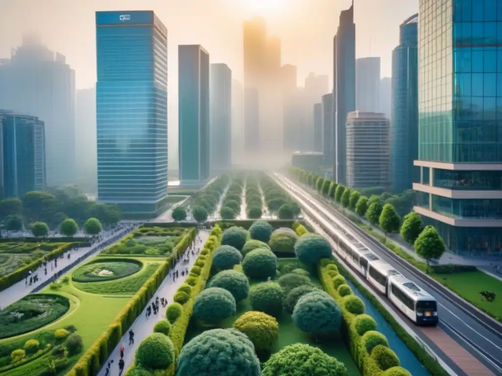 Metrópolis verde: armonía urbana y natural en una ciudad activa Vibrante ciudad verde con rascacielos y parques, habitantes disfrutan actividades al aire libre