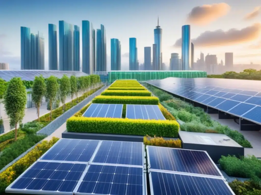Un vibrante collage de edificios verdes sostenibles en una ciudad bulliciosa, con paneles solares y jardines en azoteas