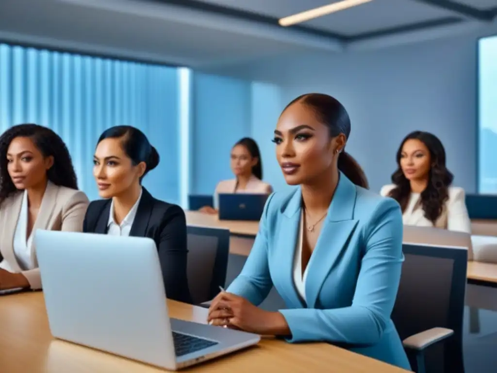 Profesionales diversos en clase de finanzas inmobiliarias Un vibrante curso financiamiento inmobiliario detallado en aula moderna con profesionales diversos y enfocados