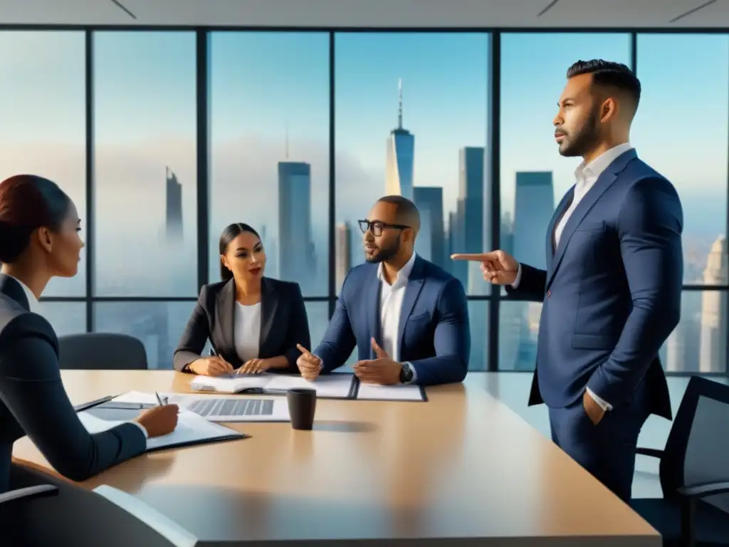 Profesionales debaten beneficios fiscales inmobiliarios en oficina moderna Un vibrante debate sobre beneficios fiscales inmobiliarios impuestos en una oficina moderna y multicultural