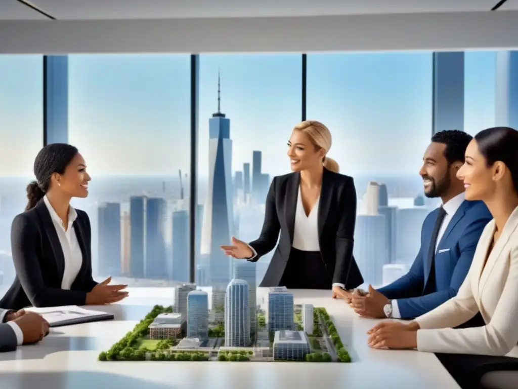 Reunión expertos: inversión inmobiliaria y patrimonio cultural Un vibrante debate sobre inversiones inmobiliarias y conservación del patrimonio cultural en una moderna sala de juntas