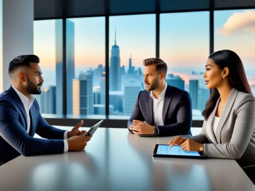 Reunión estratégica de inversores en boardroom moderno Un vibrante debate sobre normativas inversión inmobiliaria cambios en una sala de juntas moderna con inversores diversos