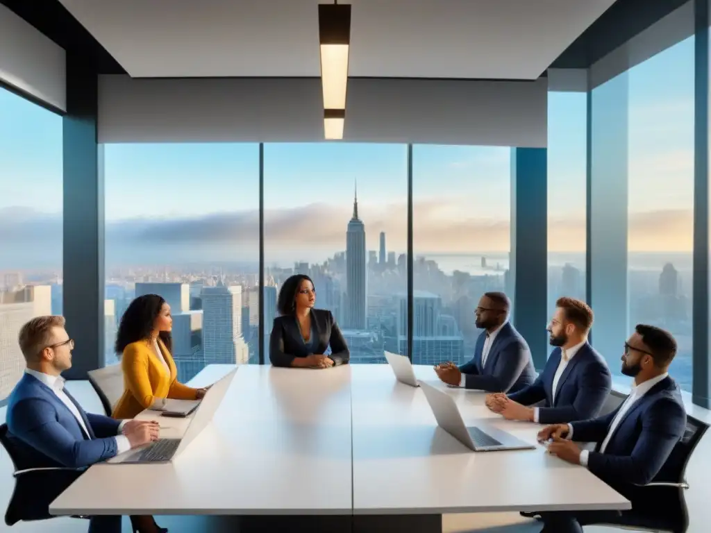Reunión de profesionales diversa en oficina moderna Un vibrante debate de profesionales diversos en una oficina moderna con éxito en financiamiento inmobiliario desigual