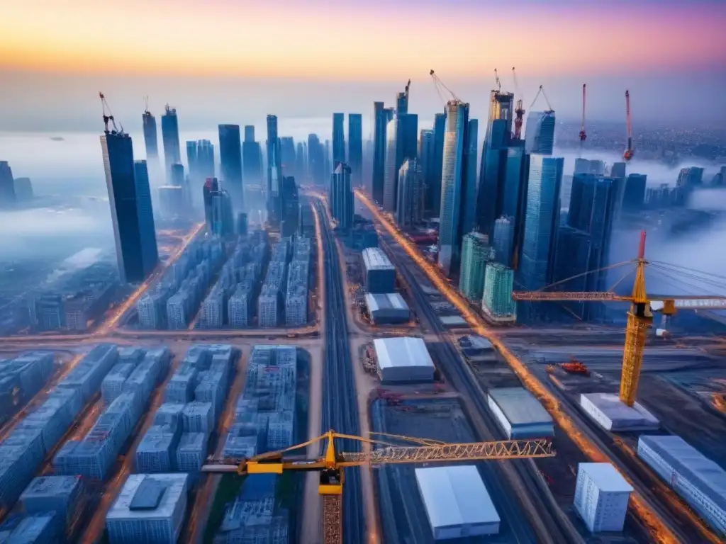 Vibrante ciudad en crecimiento: skyline con rascacielos y obras Vibrante desarrollo urbano con beneficios fiscales en inversión inmobiliaria