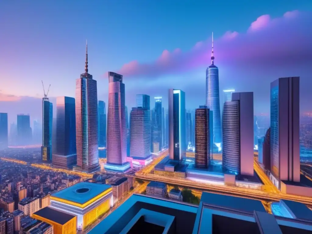 Escena futurista de ciudad en crecimiento con diversidad y colaboración Vibrante desarrollo urbano capital humano en una ciudad futurista con rascacielos iluminados por luces neón al anochecer