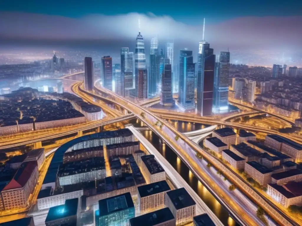 Metrópolis nocturna: red de luces en 8k Vibrante desarrollo urbano y conectividad eficiente en una ciudad nocturna iluminada