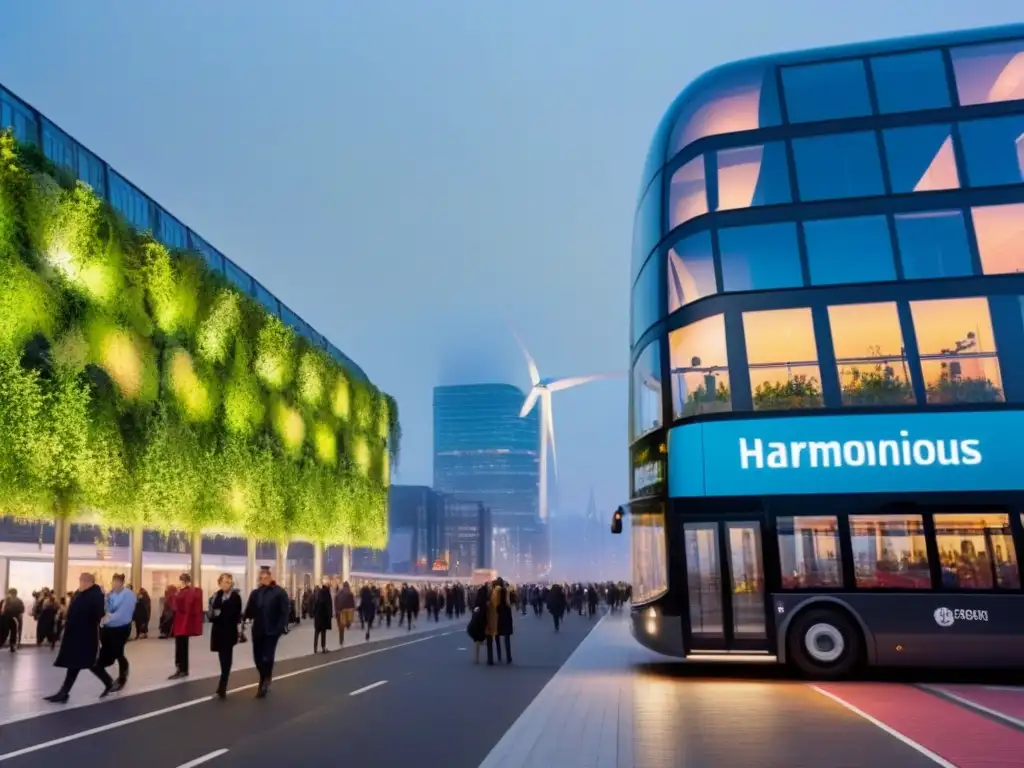 Metrópolis sostenible: edificios verdes, energía renovable y arte urbano Vibrante desarrollo urbano con energía sostenible: edificios verdes, paneles solares, buses eléctricos y arte urbano colorido al anochecer