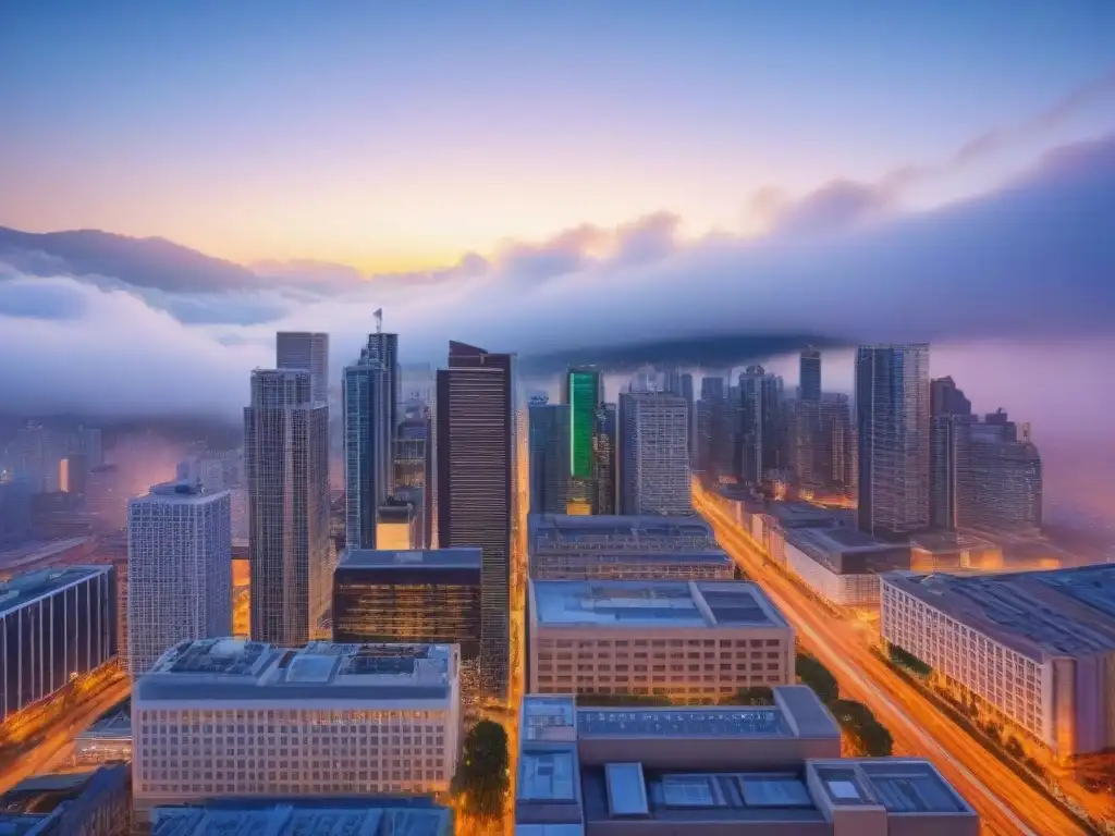 Metrópolis nocturna: luces, diversidad y arquitectura futurista Vibrante desarrollo urbano equitativo en una ciudad moderna al anochecer