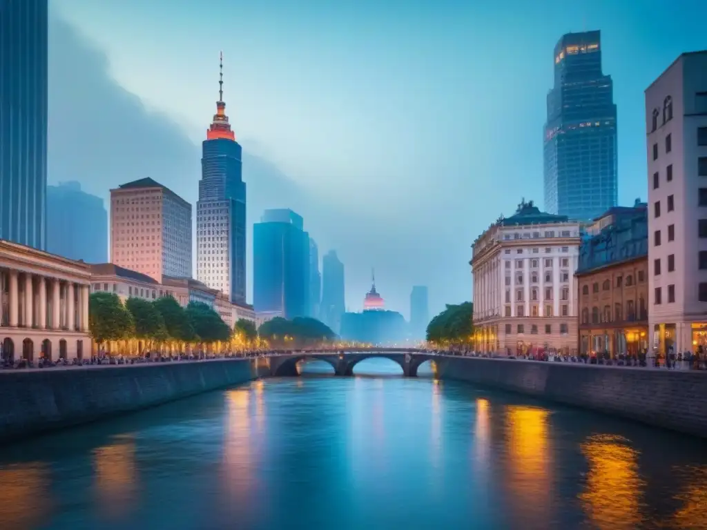 Horizonte urbano vibrante al anochecer: luces y diversidad en la ciudad Vibrante desarrollo urbano con luces y río, reflejando la identidad social de la ciudad