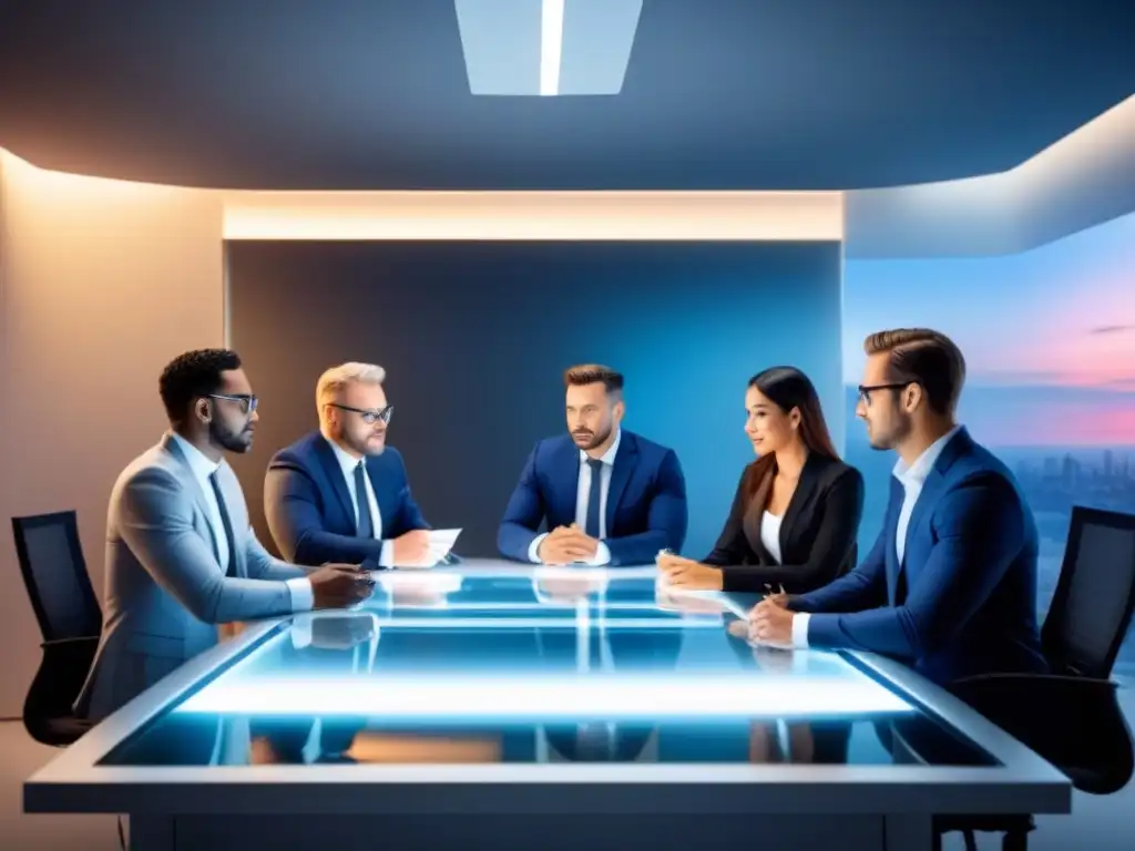 Innovación y colaboración en oficina tecnológica Una vibrante ilustración detallada de profesionales diversos colaborando en una oficina futurista, reflejando innovación en el desarrollo comercial