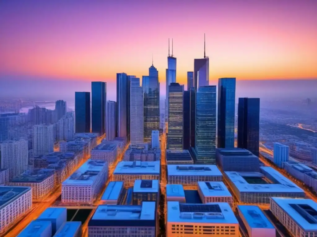 Innovación en Crowdfunding Inmobiliario al Atardecer Vibrante ilustración digital de una ciudad al atardecer con rascacielos, profesionales y gráficos de crowdfunding inmobiliario
