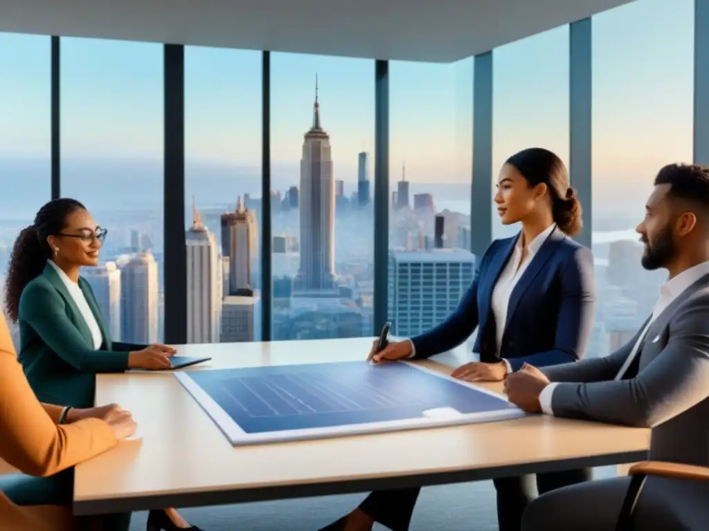 Profesionales debaten inversiones inmobiliarias en moderno salón Una vibrante discusión sobre inversión en alquileres y tendencias demográficas en una sala de reuniones moderna con vista a la ciudad