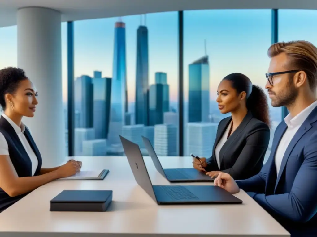 Profesionales internacionales innovando en oficina de lujo Una vibrante discusión sobre inversión inmobiliaria en el extranjero en una oficina moderna y elegante