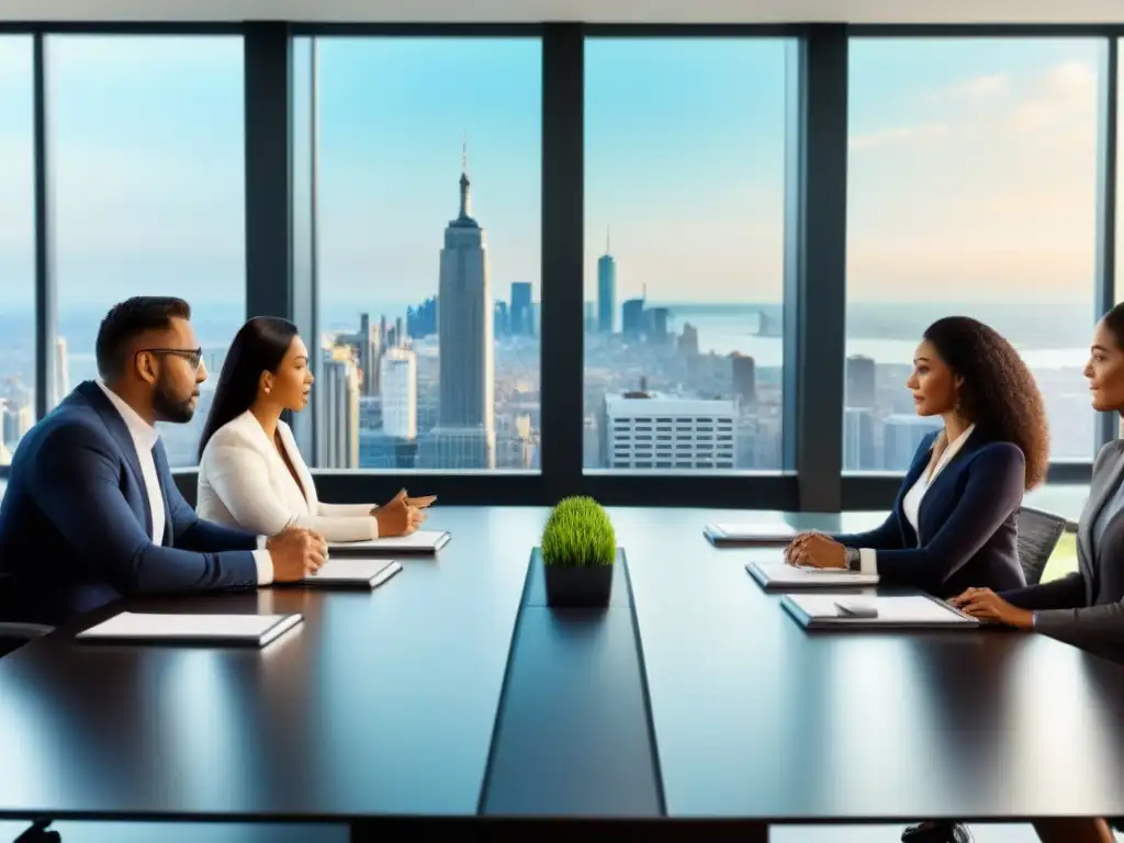 Profesionales debaten regulaciones inmobiliarias en sala moderna Una vibrante discusión sobre normativa local financiamiento inmobiliario en una moderna sala de juntas con vista a la ciudad
