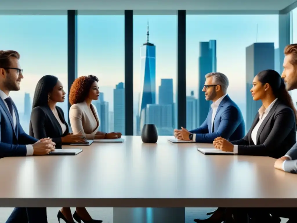 Conferencia de expertos en oficina moderna con vista panorámica Una vibrante discusión de profesionales en una moderna oficina con tecnología avanzada y una vista panorámica de la ciudad