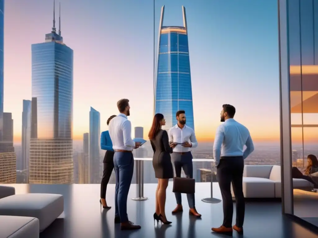 Distrito Comercial Futurista: Éxito y Colaboración Profesional Vibrante distrito comercial con rascacielos modernos y profesionales colaborando al atardecer