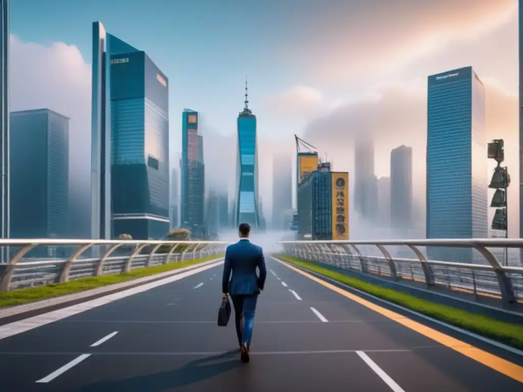 Horizonte urbano: impacto de tasas de interés en bienes raíces comerciales Vibrante distrito comercial con rascacielos futuristas y profesionales, mostrando tasas de interés