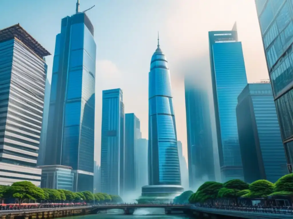 Distrito financiero en Asia: arquitectura futurista y negocios Vibrante distrito financiero asiático: rascacielos futuristas, calles llenas de profesionales