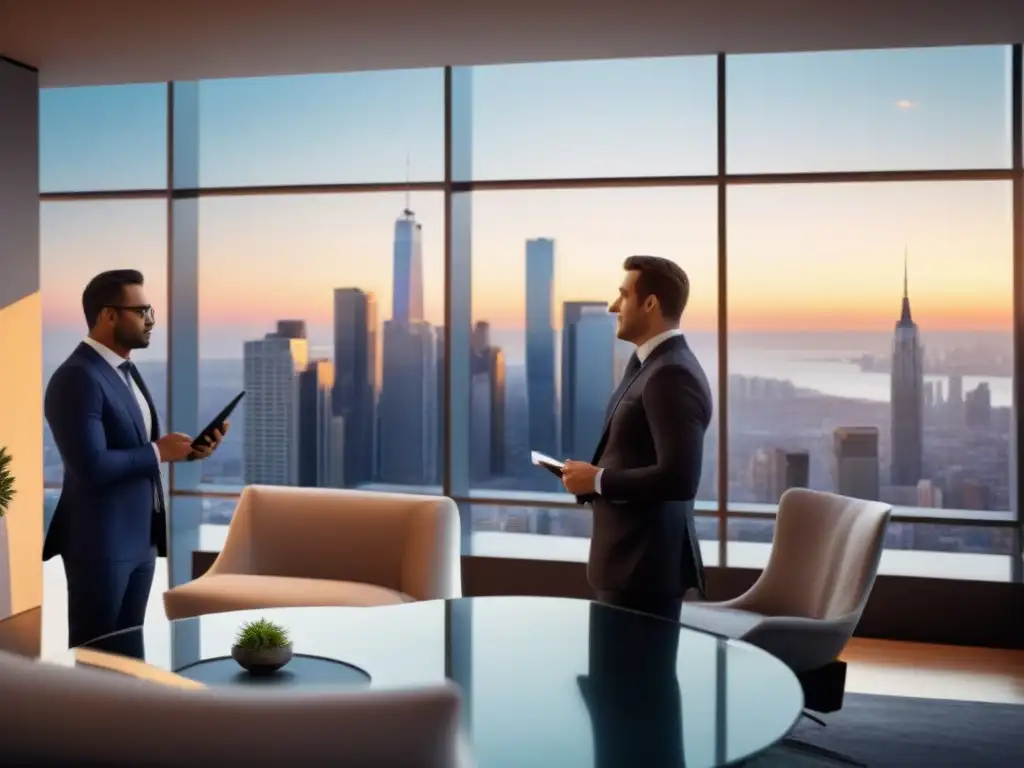 Distrito financiero al atardecer: profesionales debatiendo estrategias Un vibrante distrito financiero al atardecer con profesionales debatiendo sobre créditos hipotecarios fijos vs variables