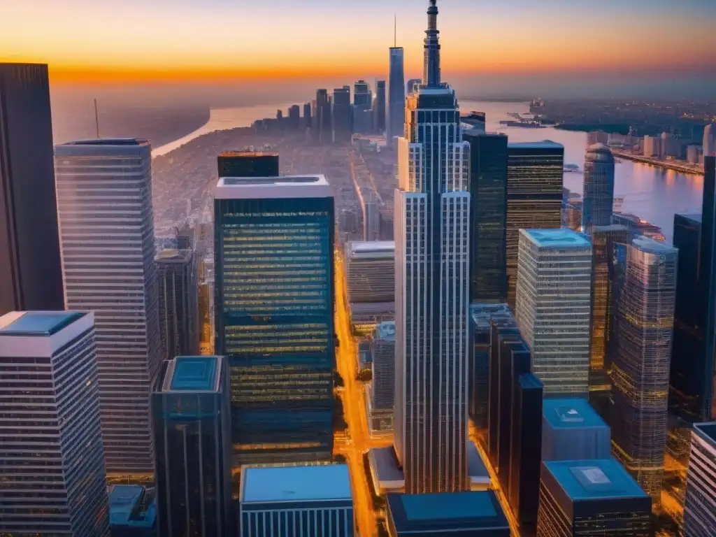 Distrito financiero: inversión inmobiliaria internacional Un vibrante distrito financiero al atardecer, reflejando oportunidad y crecimiento