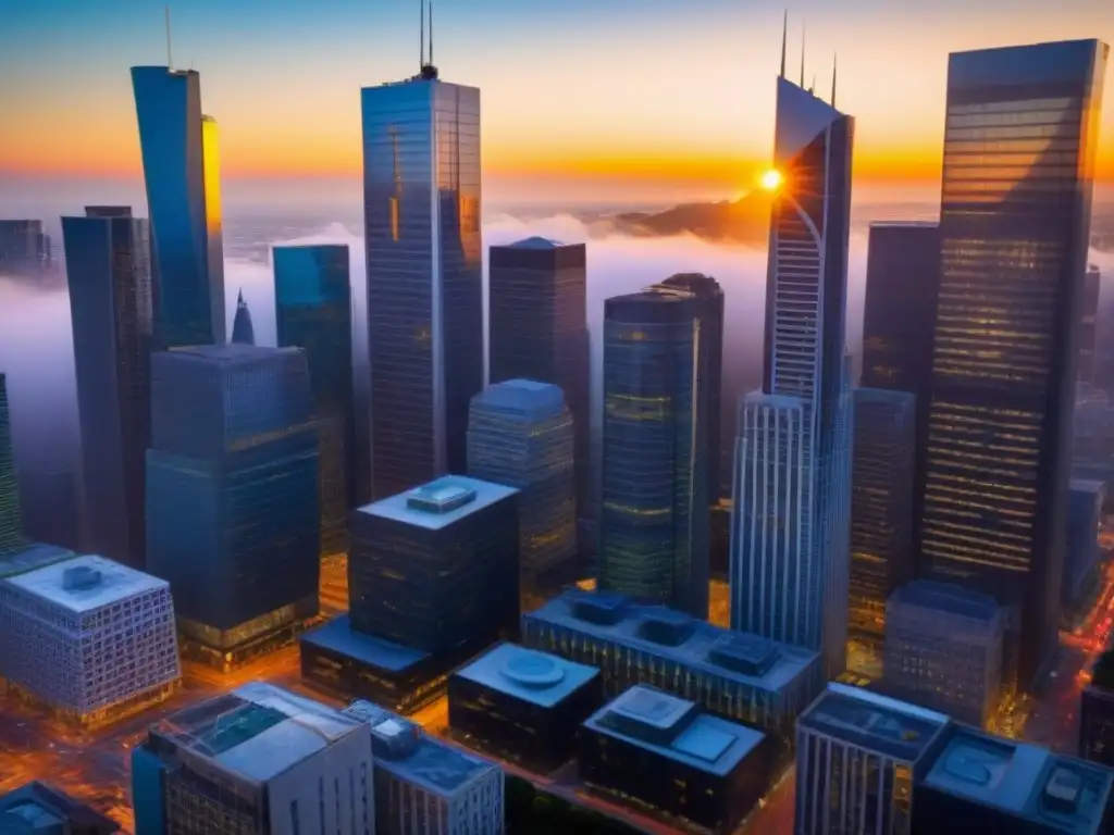 Centro financiero dinámico al atardecer: reflejo de éxito inmobiliario Vibrante distrito financiero al atardecer, reflejo dorado en rascacielos