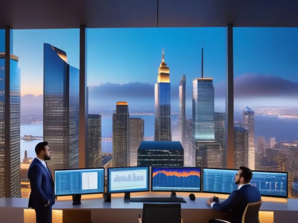 Horizonte financiero futurista: innovación y colaboración Un vibrante distrito financiero al atardecer con profesionales y gráficos financieros