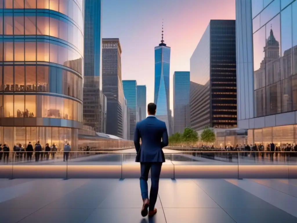 Horizonte financiero moderno al atardecer: elegancia, innovación y éxito Vibrante distrito financiero al atardecer con plataformas financieras para bienes raíces