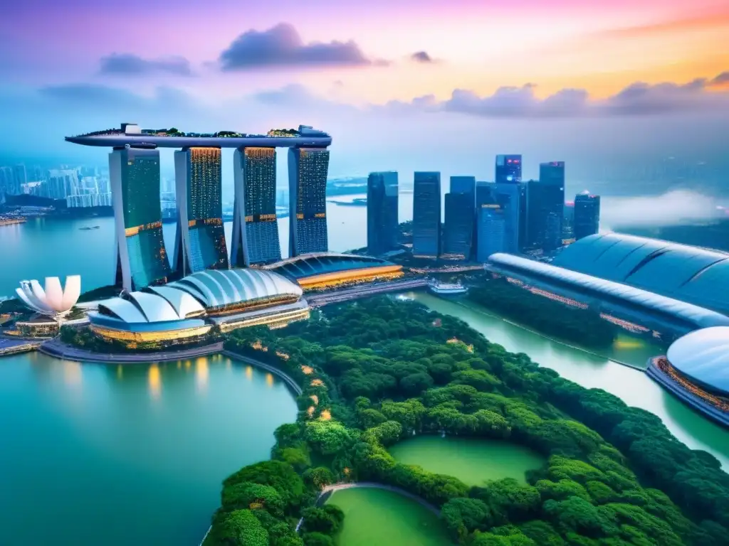 Espléndido skyline de Singapur: finanzas y modernidad al atardecer El vibrante distrito financiero de Singapur se destaca al atardecer, simbolizando ventajas en financiamiento inmobiliario en Singapur