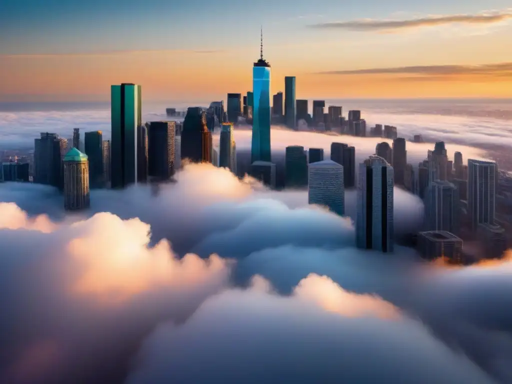 Metrópolis futurista: skyline moderno y vibrante al atardecer Un vibrante distrito financiero en una ciudad futurista al atardecer