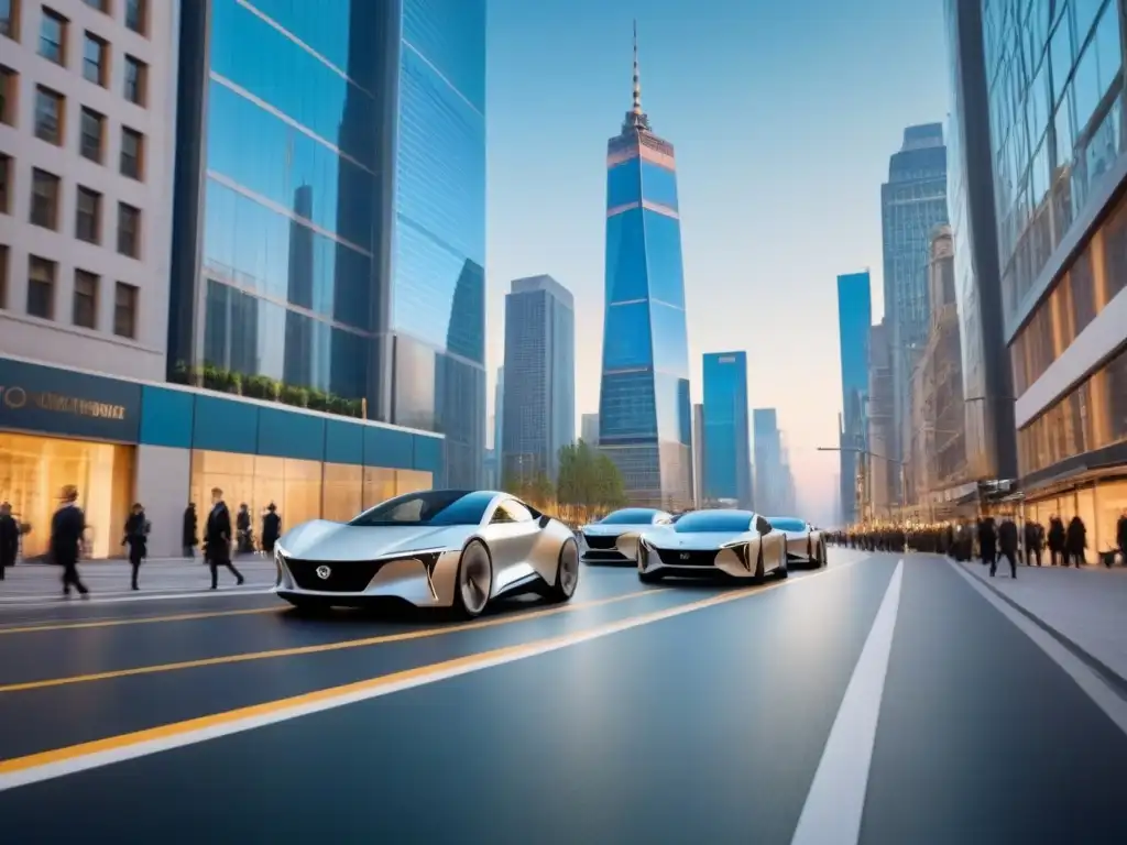Distrito financiero moderno: rascacielos, ejecutivos y vehículos eléctricos Vibrante distrito financiero en una ciudad moderna, reflejando prosperidad y sofisticación