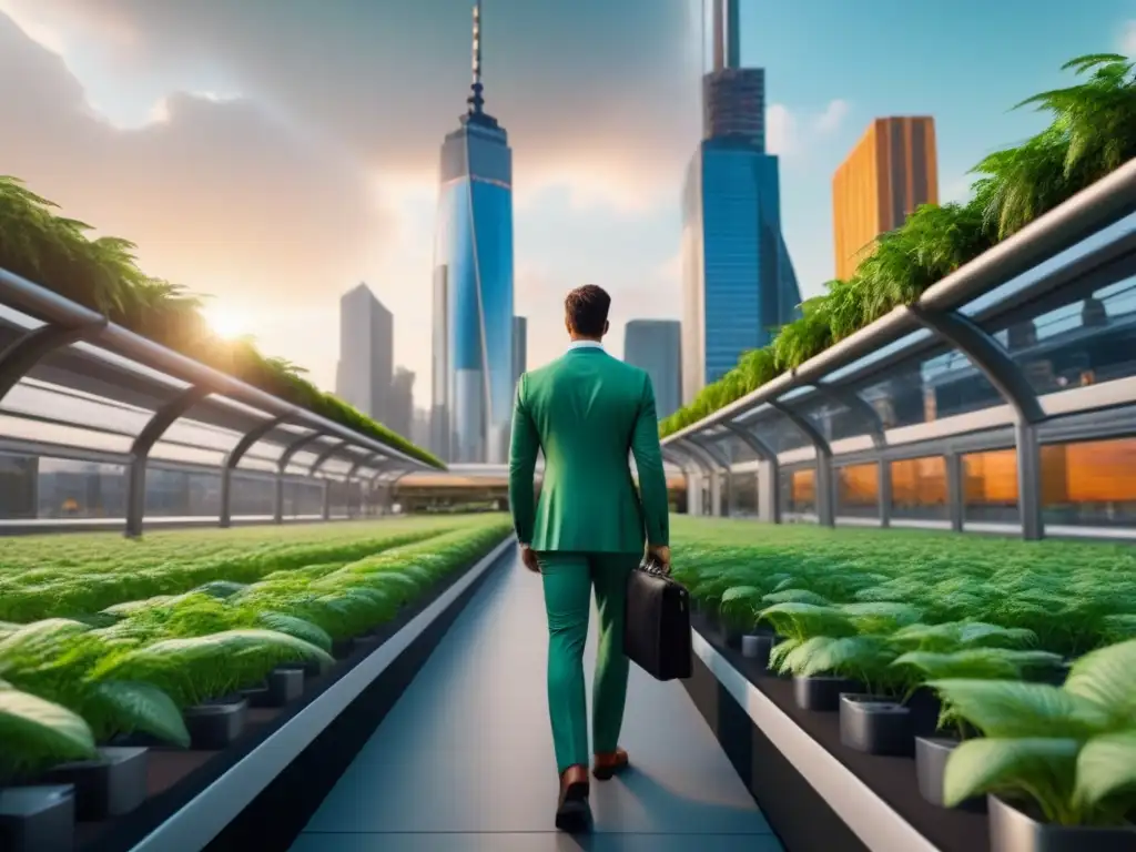 Distrito financiero futurista: arquitectura verde y progreso Un vibrante distrito financiero con edificios verdes futuristas integrando naturaleza y arquitectura