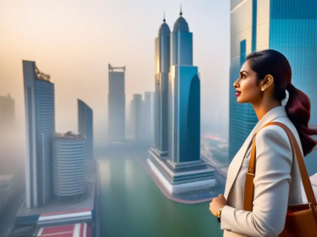 Horizonte financiero de la India: vibrante y próspero Vibrante distrito financiero en India al atardecer