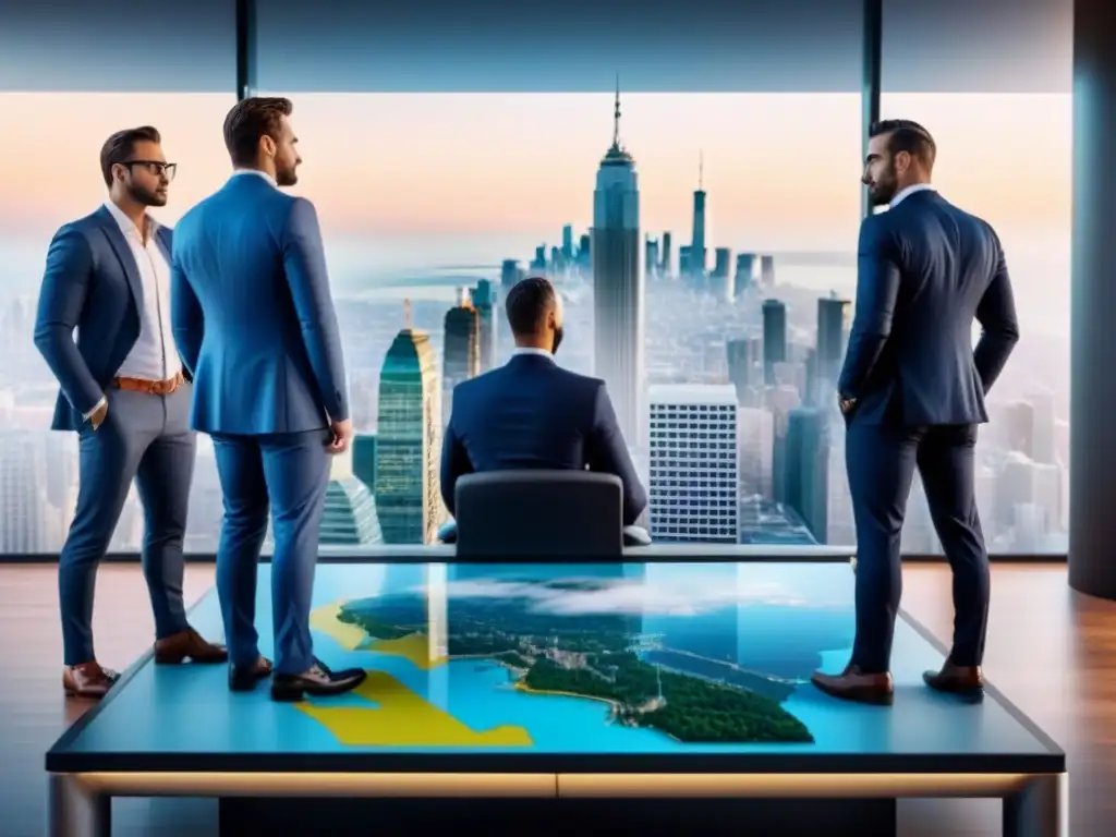 Centro financiero global: estrategias de inversión en la ciudad moderna Un vibrante distrito financiero internacional con profesionales discutiendo estrategias de inversión