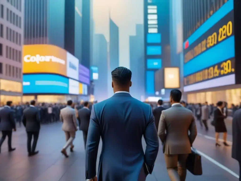 Distrito financiero emergente: atardecer vibrante Un vibrante distrito financiero en un mercado emergente, con rascacielos modernos y profesionales atareados