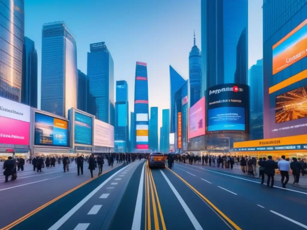 Vibrante distrito financiero en Asia: oportunidades inmobiliarias Vibrante distrito financiero en Asia: rascacielos modernos, gente de negocios y datos financieros