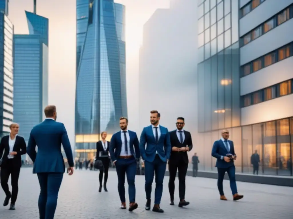 Distrito financiero en Alemania: modernidad y oportunidad Vibrante distrito financiero en Alemania con modernos rascacielos y profesionales en negociaciones