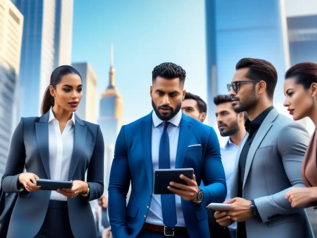 Escena vibrante de ejecutivos en distrito financiero Un vibrante distrito financiero con profesionales debatiendo y colaborando, ideal para 'Préstamos para desarrollos comerciales'