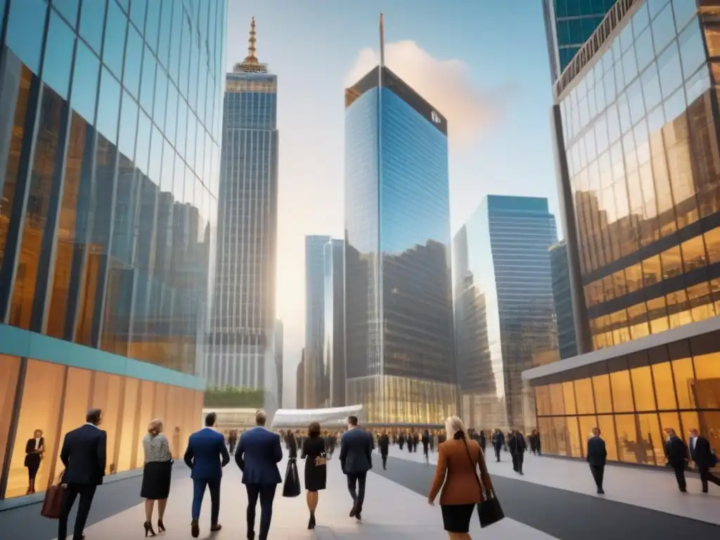 Vibrante distrito financiero: Profesionales en acción Un vibrante distrito financiero con profesionales en discusiones y colaboraciones estratégicas frente a una oficina de REITs comerciales