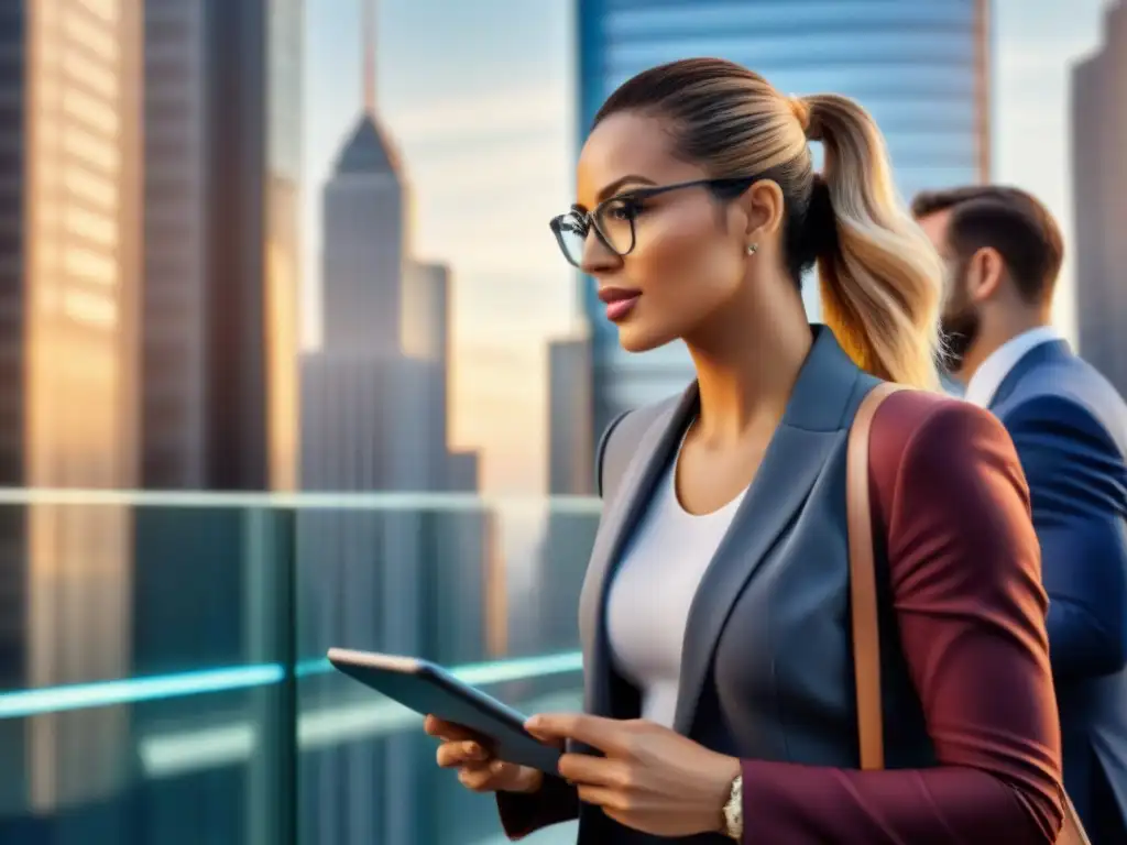 Profesionalismo en la bolsa de valores: análisis y decisiones Un vibrante distrito financiero con profesionales analizando datos y conversando, reflejando el dinamismo del mercado de préstamos ajuste tasa