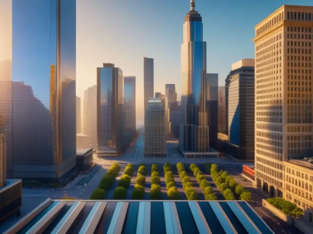 Vibrante distrito financiero al atardecer: expertos en colaboración Un vibrante distrito financiero con rascacielos modernos, profesionales discutiendo, reflejando colaboración y experiencia en políticas financiamiento inmobiliario actualizadas