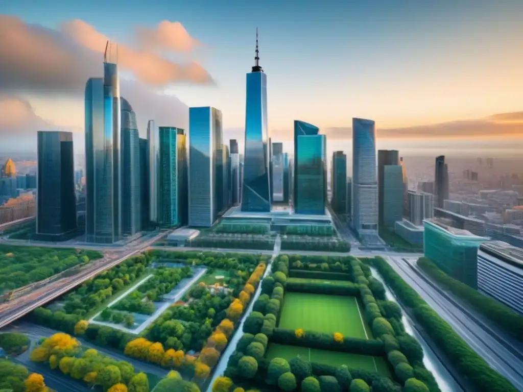 Metropolis financiera: eficiencia y sofisticación en el sector inmobiliario Un vibrante distrito financiero con rascacielos modernos, parques verdes y sistemas de transporte futuristas
